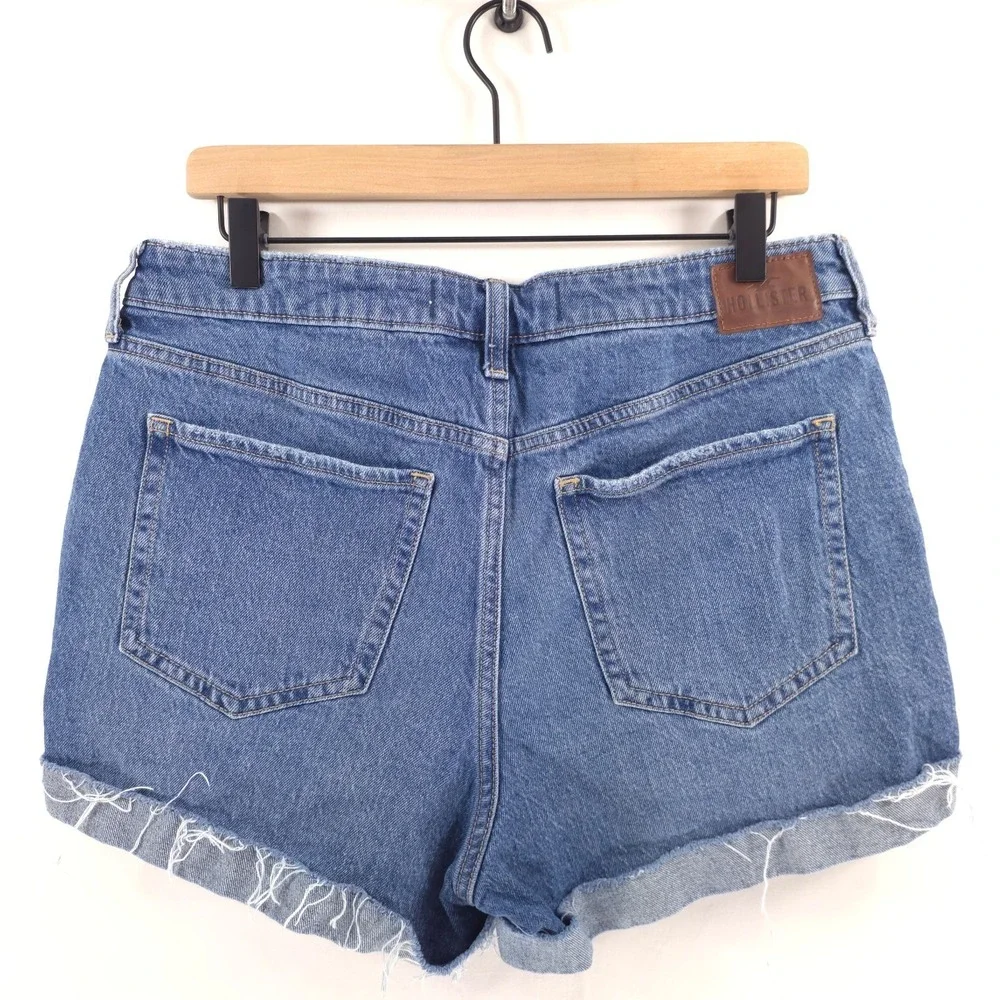 Hollister Womens Jean Shorts Ultra High-Rise Mom Short 14 Blue Distressed Cuffed